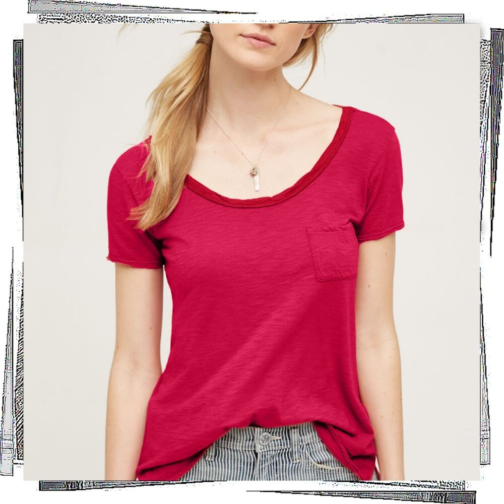 Red V-Neck Pocket Top w Satin Neck & Pleated Back (S) by Left of Center